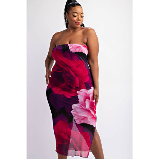 MESH PRINT STRAPLESS DRESS WITH SLIT “7even Curves”