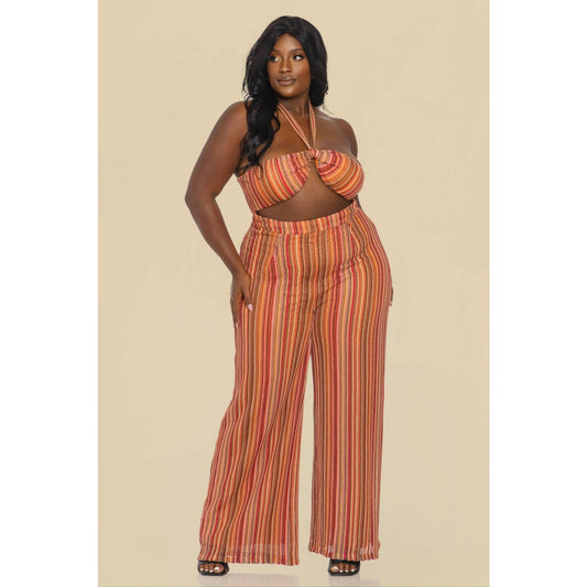 STRIPE CINCHED NECKLINE MATCHING WIDE LEG PANTS SET “7even Sleek”