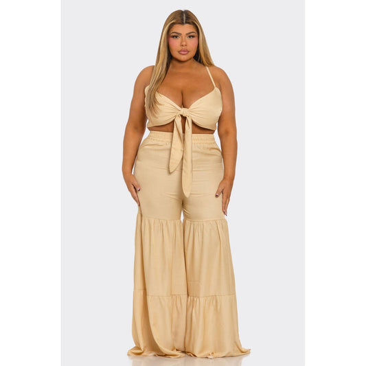RUFFLE HEM WIDE LEG PANTS SET “7even Sleek”